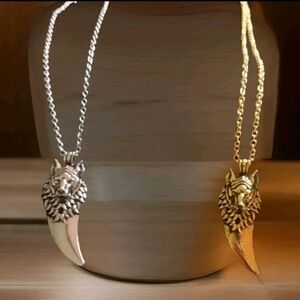 Wolf Head Tooth Pendant Necklace 14K Gold Plated Stainless Steel